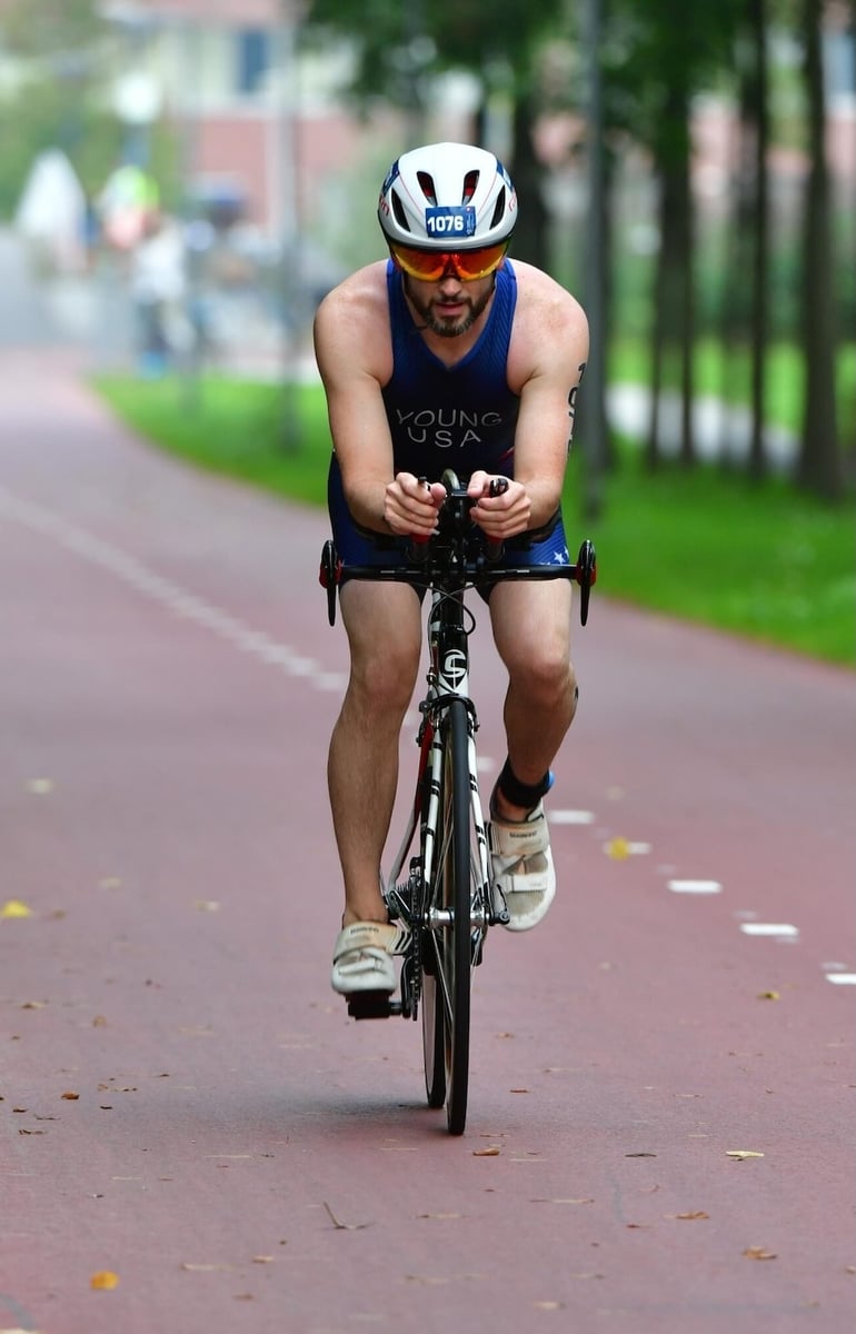 Coach Joel Young racing at World Championships in Amsterdam, NL